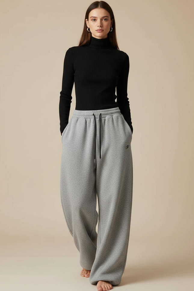 Pantalon Fluide Gris Ample Sport Décontracté Cordon - Molleton