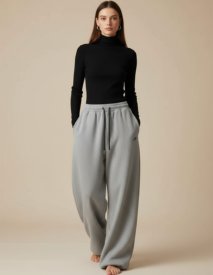 Pantalon Fluide Gris Ample Sport Décontracté Cordon - Molleton