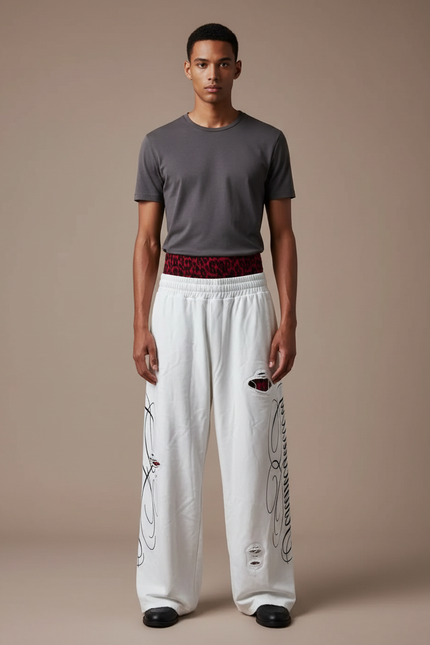 Pantalon Fluide Blanc Imprimé Graffiti Ample Déchiré Homme - Molleton