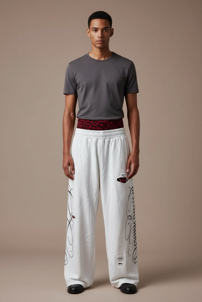 Pantalon Fluide Blanc Imprimé Graffiti Ample Déchiré Homme - Molleton