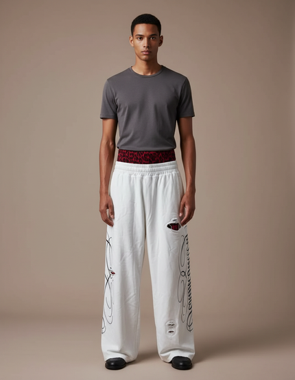 Pantalon Fluide Blanc Imprimé Graffiti Ample Déchiré Homme - Molleton