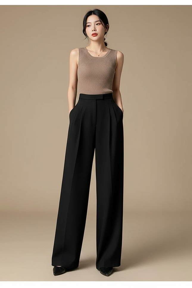 Pantalon Fluide Noir Ample Chic Taille Haute - Polyester