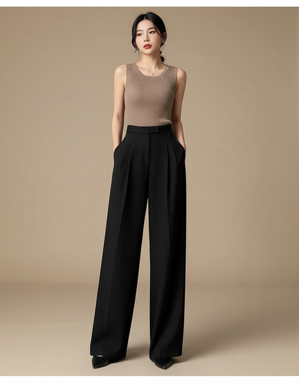 Pantalon Fluide Noir Ample Chic Taille Haute - Polyester