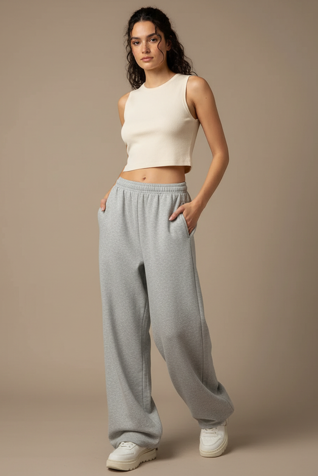Pantalon Fluide Gris Ample Molleton Décontracté Sport