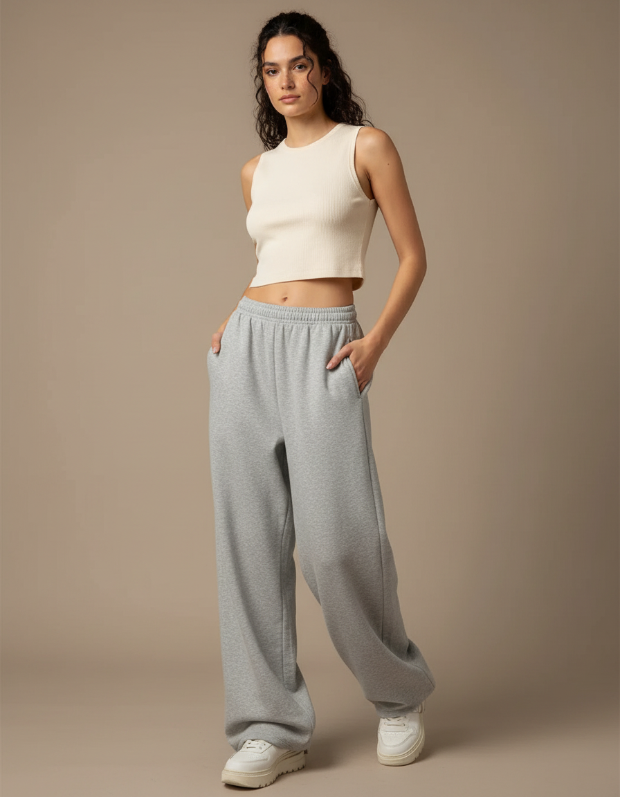 Pantalon Fluide Gris Ample Molleton Décontracté Sport