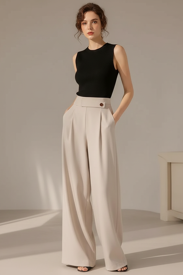 Pantalon Fluide Beige Évasé Plissé Élégant Femme - Polyester
