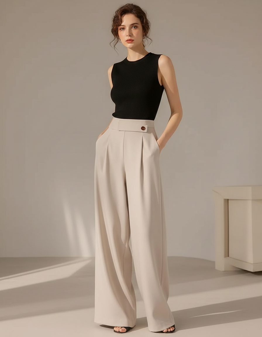 Pantalon Fluide Beige Évasé Plissé Élégant Femme - Polyester