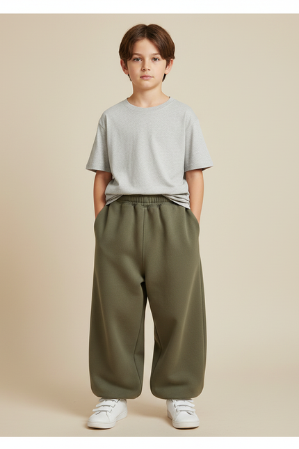 Pantalon Fluide Vert Ample Molletonné Décontracté Garçon - Kaki