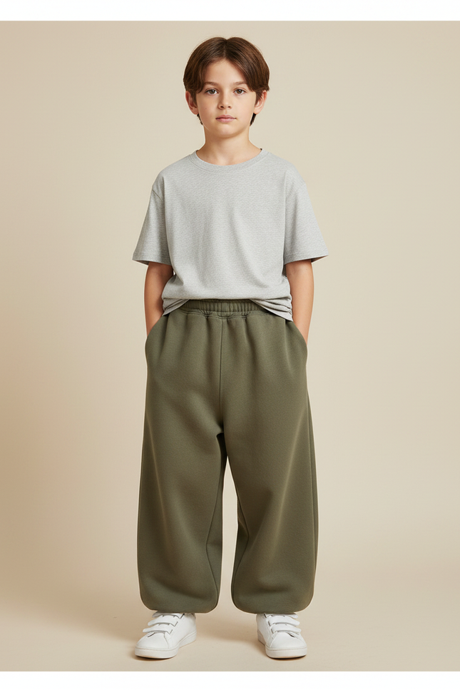 Pantalon Fluide Vert Ample Molletonné Décontracté Garçon - Kaki