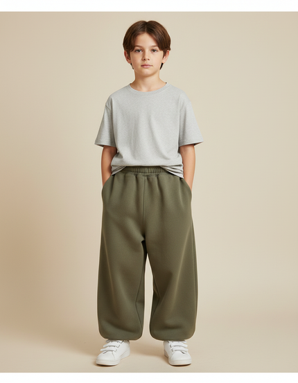 Pantalon Fluide Vert Ample Molletonné Décontracté Garçon - Kaki