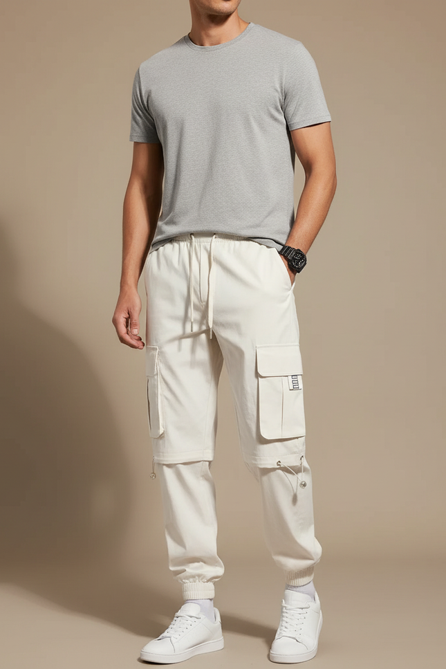 Pantalon Fluide Cargo Écru Ample Multi-poches Décontracté Homme - Beige Toile
