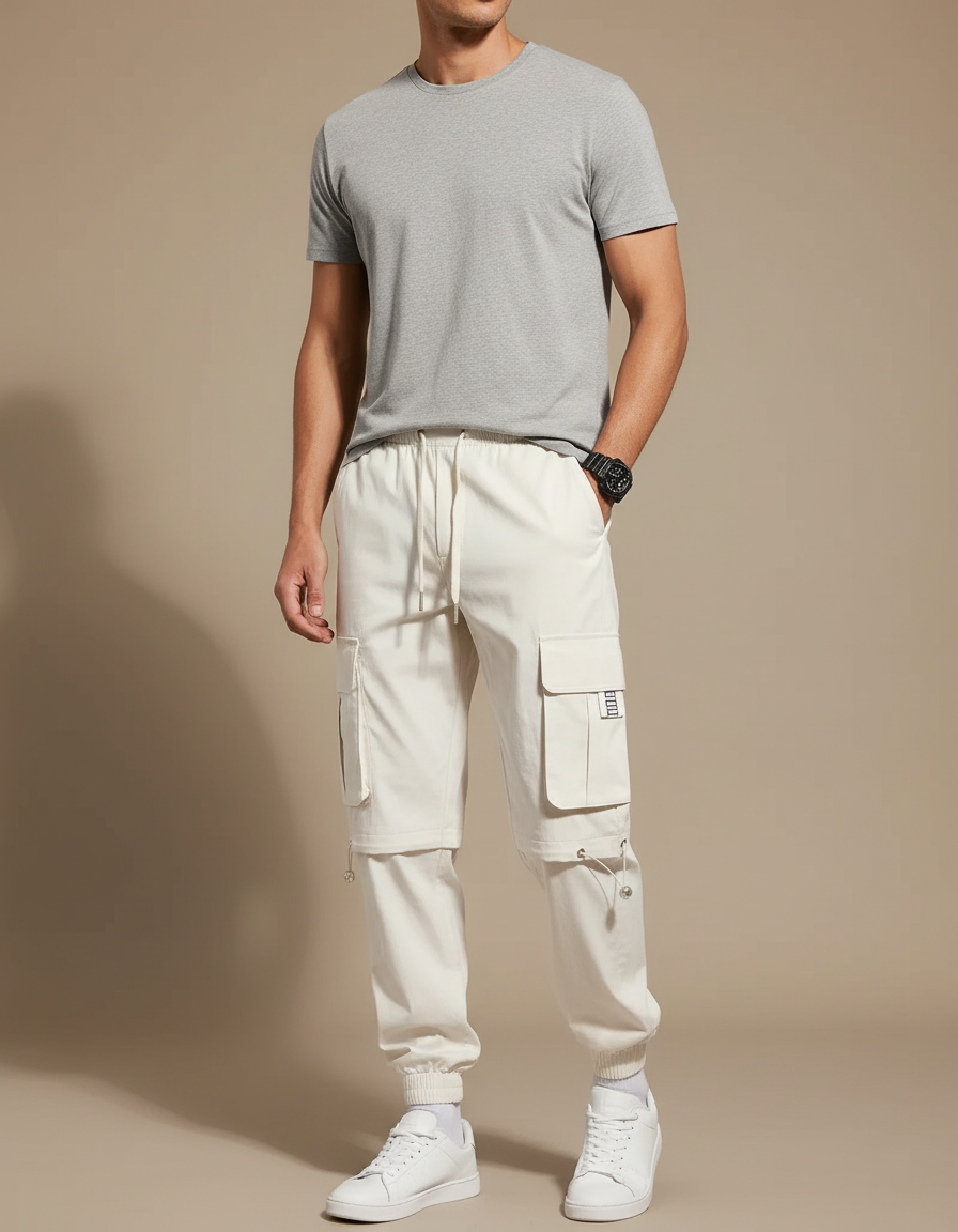 Pantalon Fluide Cargo Écru Ample Multi-poches Décontracté Homme - Beige Toile