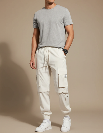 Pantalon Fluide Cargo Écru Ample Multi-poches Décontracté Homme - Beige Toile