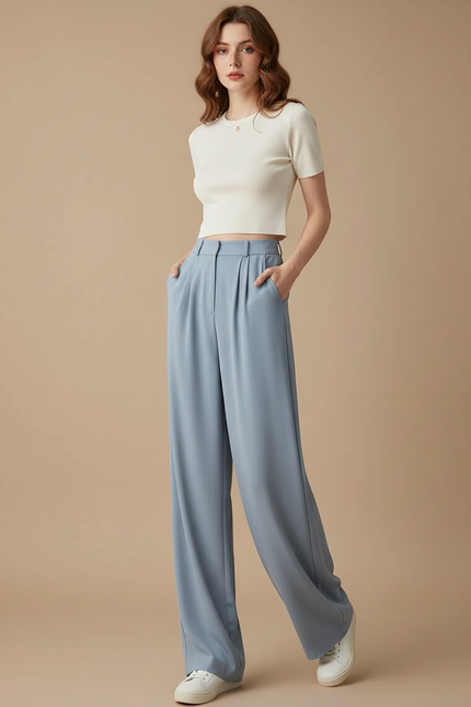 Pantalon Fluide Ample Taille Haute Droit Élégant - Bleu Polyester
