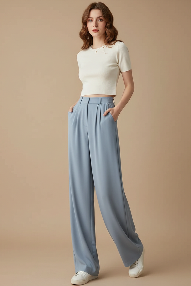 Pantalon Fluide Ample Taille Haute Droit Élégant - Bleu Polyester