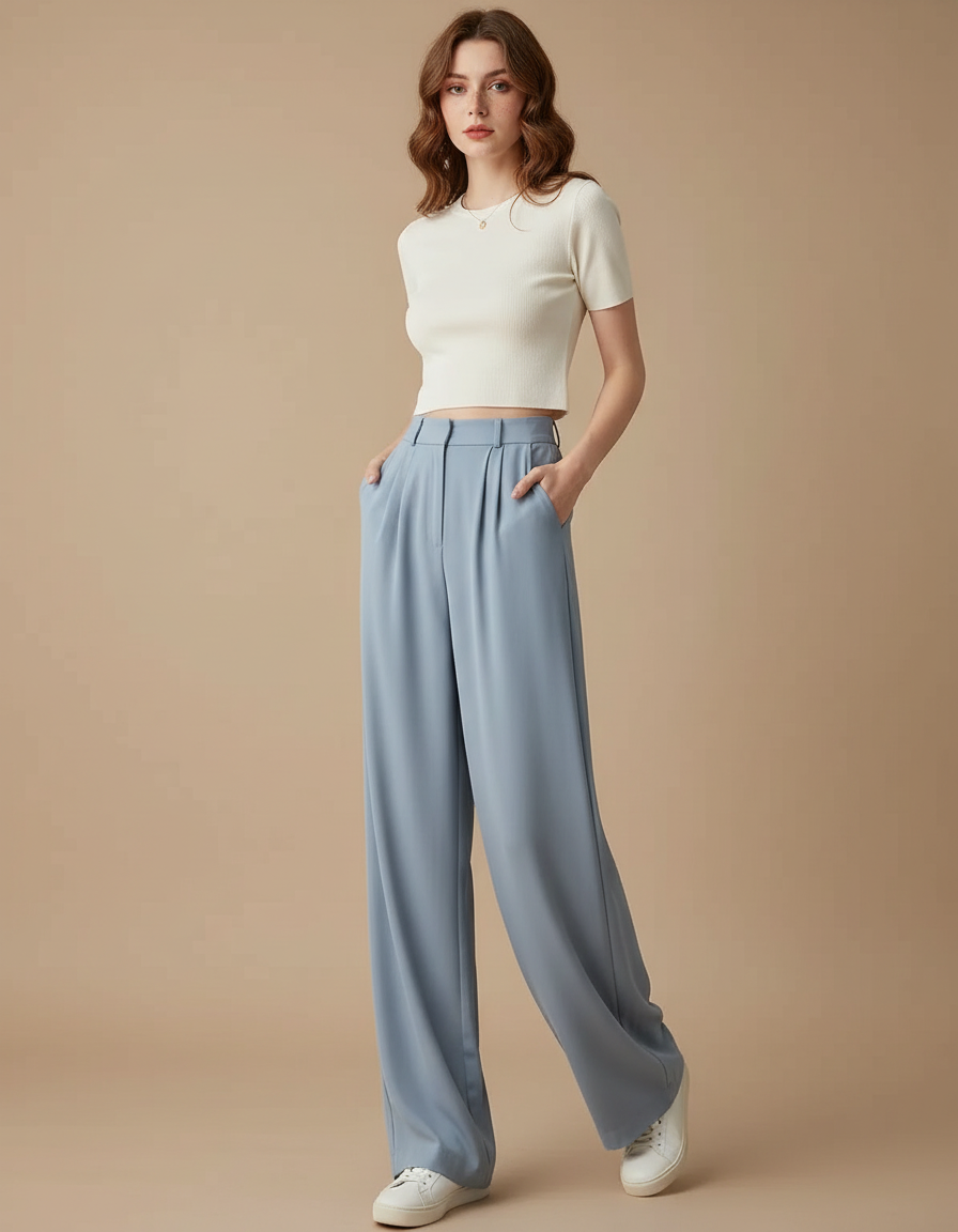 Pantalon Fluide Ample Taille Haute Droit Élégant - Bleu Polyester