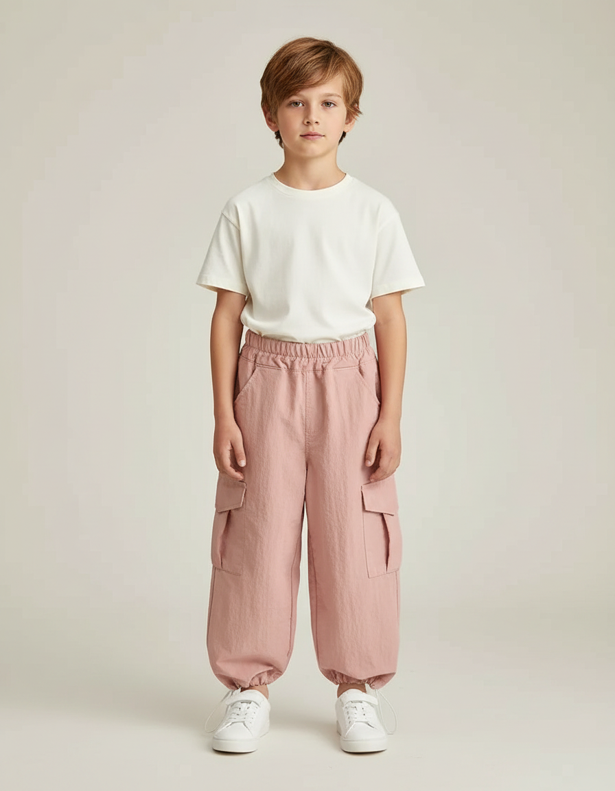 Pantalon Fluide Cargo Rose Coton Décontracté Enfant