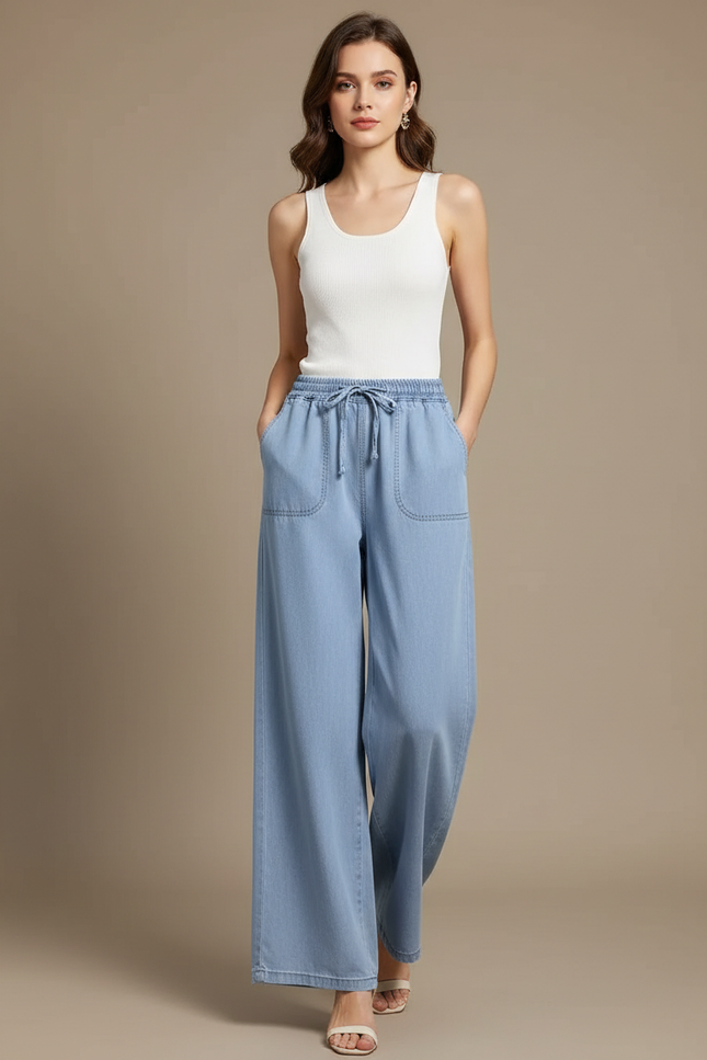 Pantalon Fluide Bleu Ciel Denim Ample Taille Haute Femme - Jean