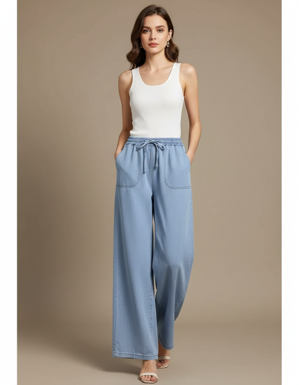 Pantalon Fluide Bleu Ciel Denim Ample Taille Haute Femme - Jean