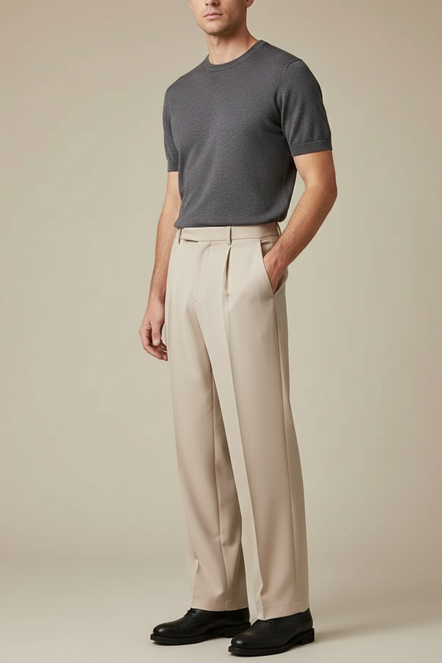 Pantalon Fluide Homme Droit Ample Décontracté Beige - Polyester