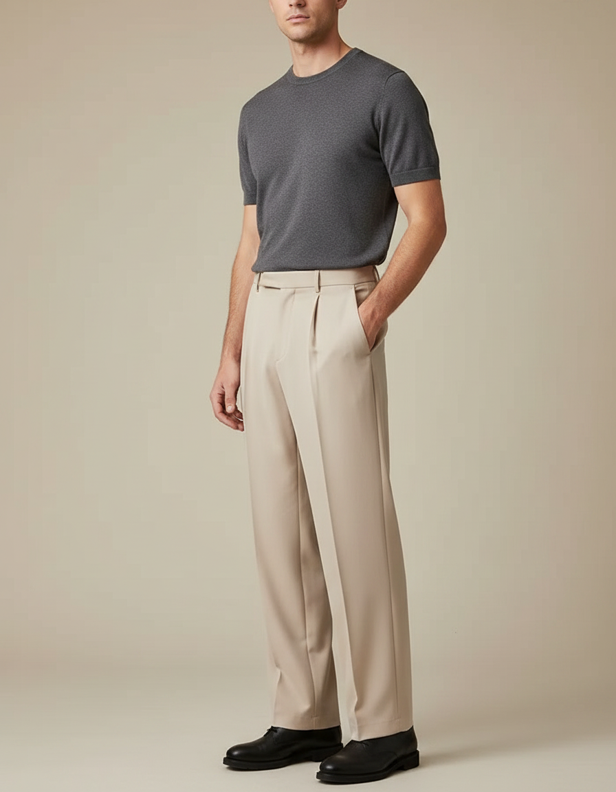 Pantalon Fluide Homme Droit Ample Décontracté Beige - Polyester