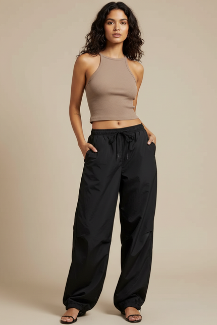 Pantalon Fluide Noir Ample Taille Basse Décontracté - Polyester