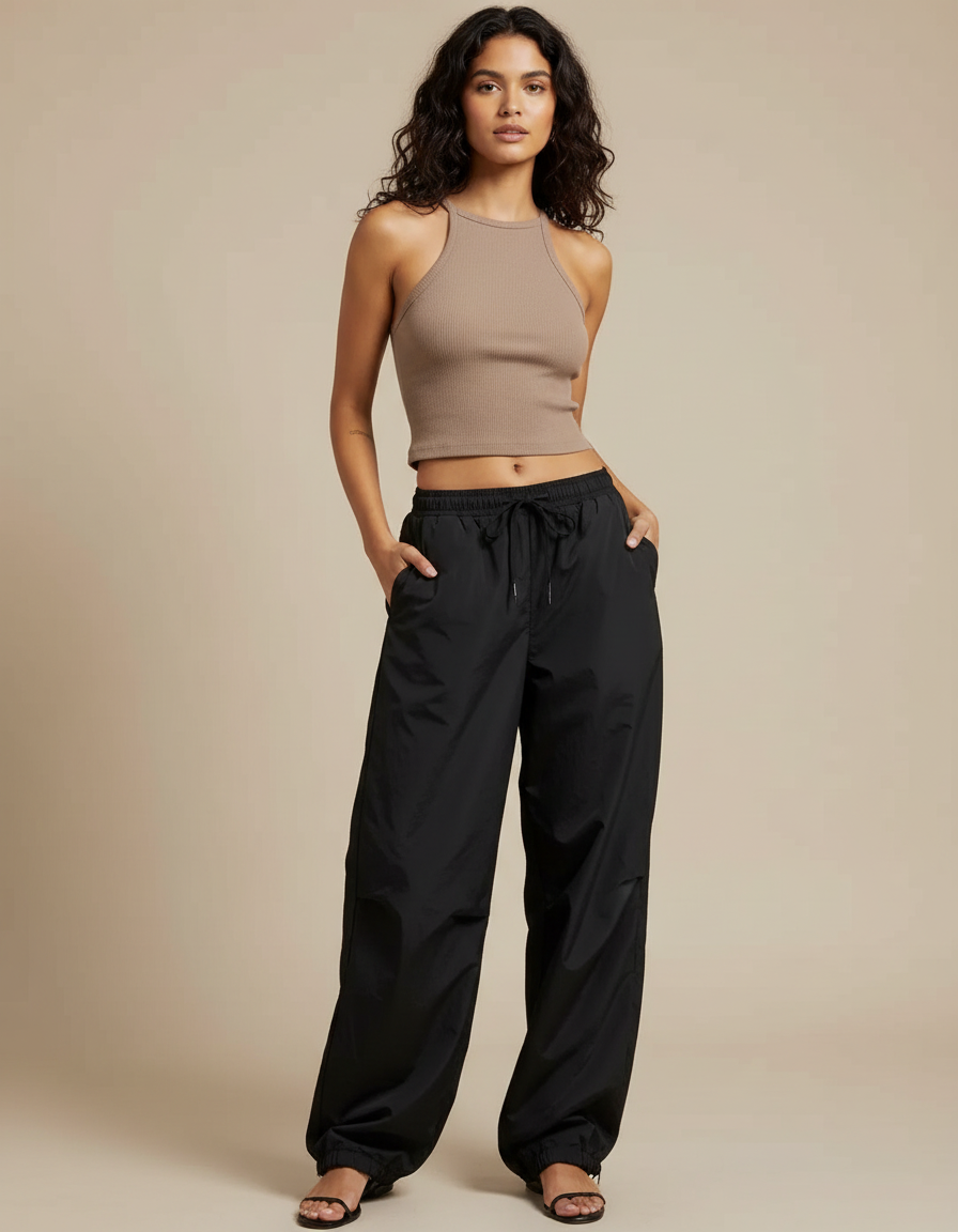 Pantalon Fluide Noir Ample Taille Basse Décontracté - Polyester