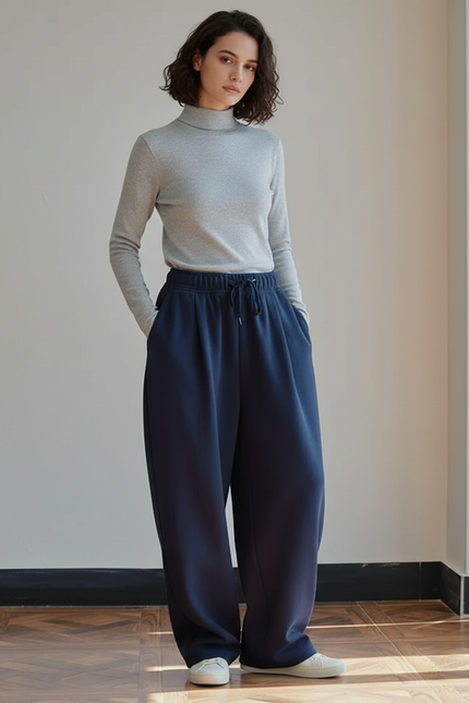 Pantalon Fluide Bleu Marine Ample Décontracté Cordon Femme - Molleton