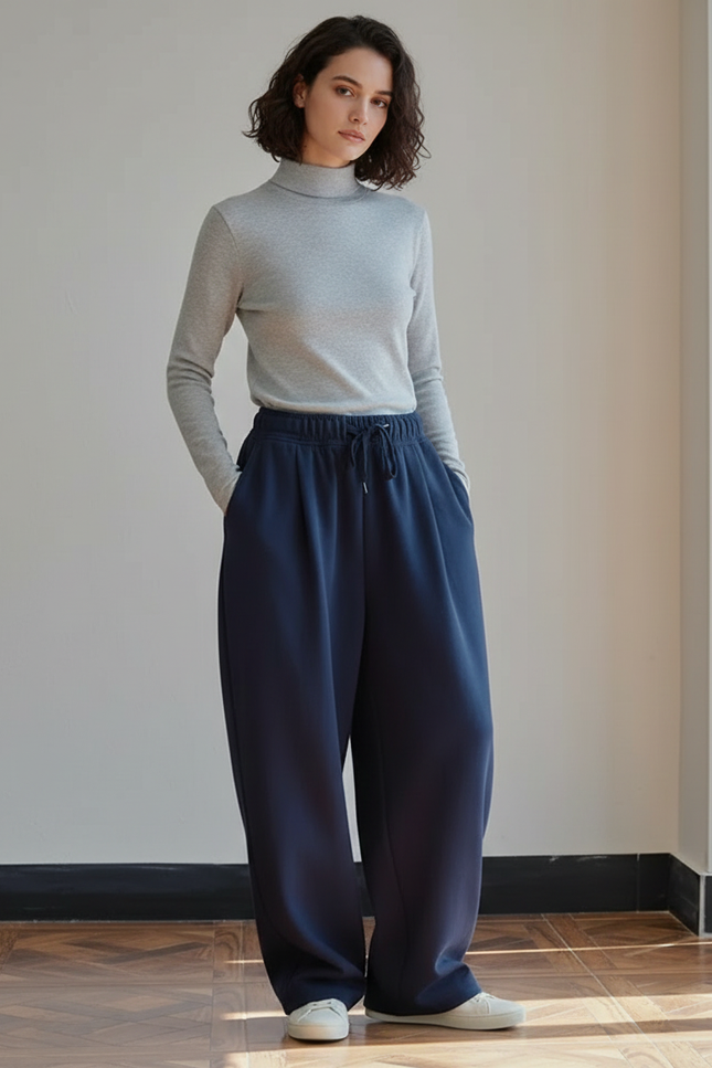 Pantalon Fluide Bleu Marine Ample Décontracté Cordon Femme - Molleton