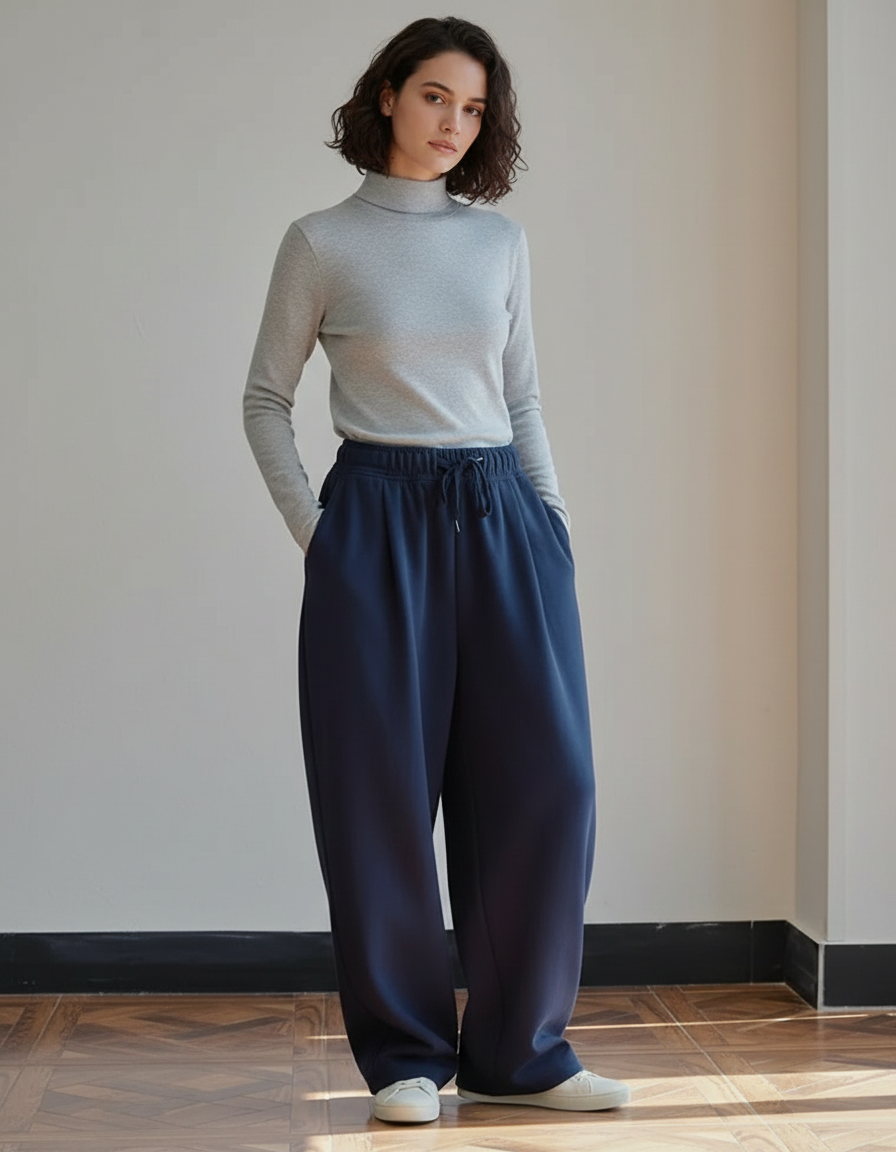 Pantalon Fluide Bleu Marine Ample Décontracté Cordon Femme - Molleton