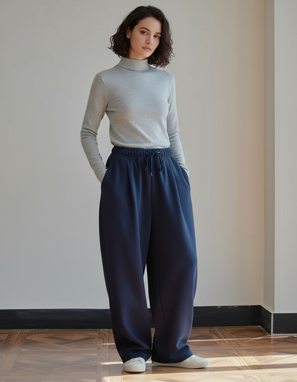 Pantalon Fluide Bleu Marine Ample Décontracté Cordon Femme - Molleton