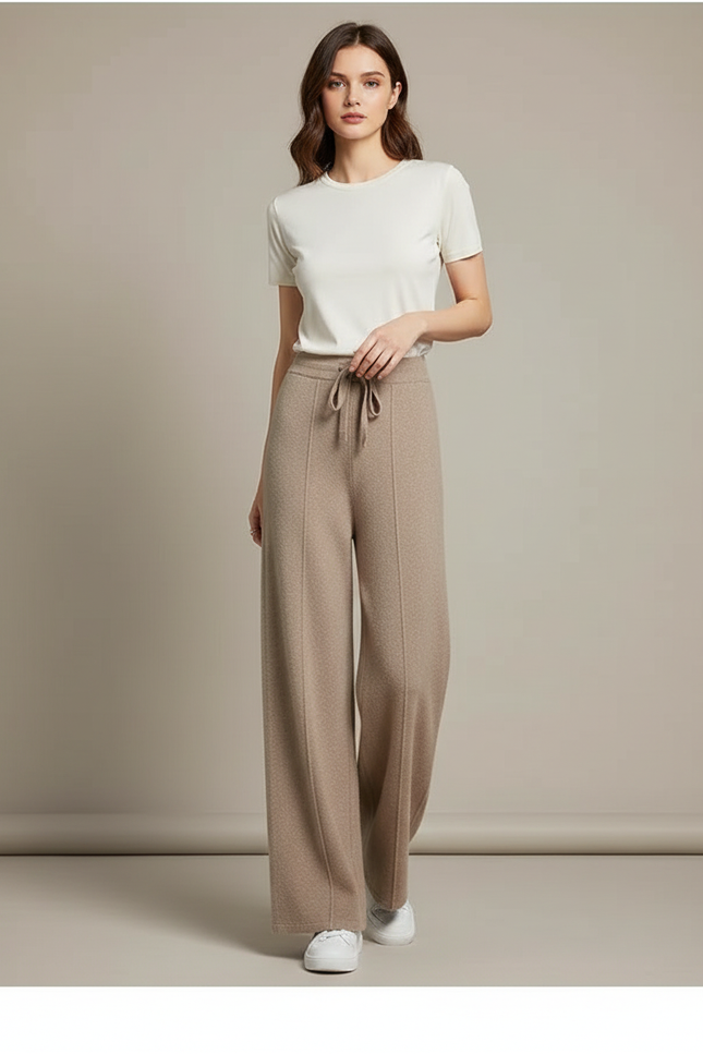 Pantalon Fluide Beige Maille Cordon Ample Femme