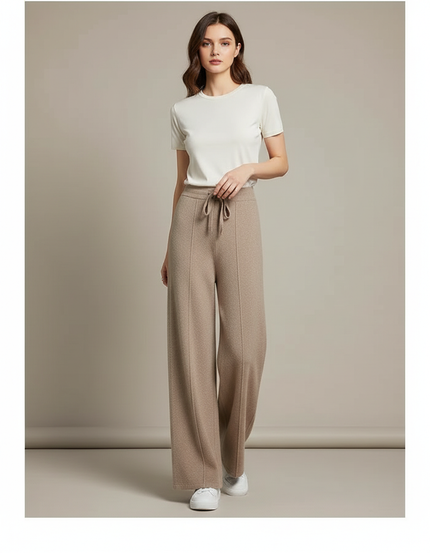 Pantalon Fluide Beige Maille Cordon Ample Femme