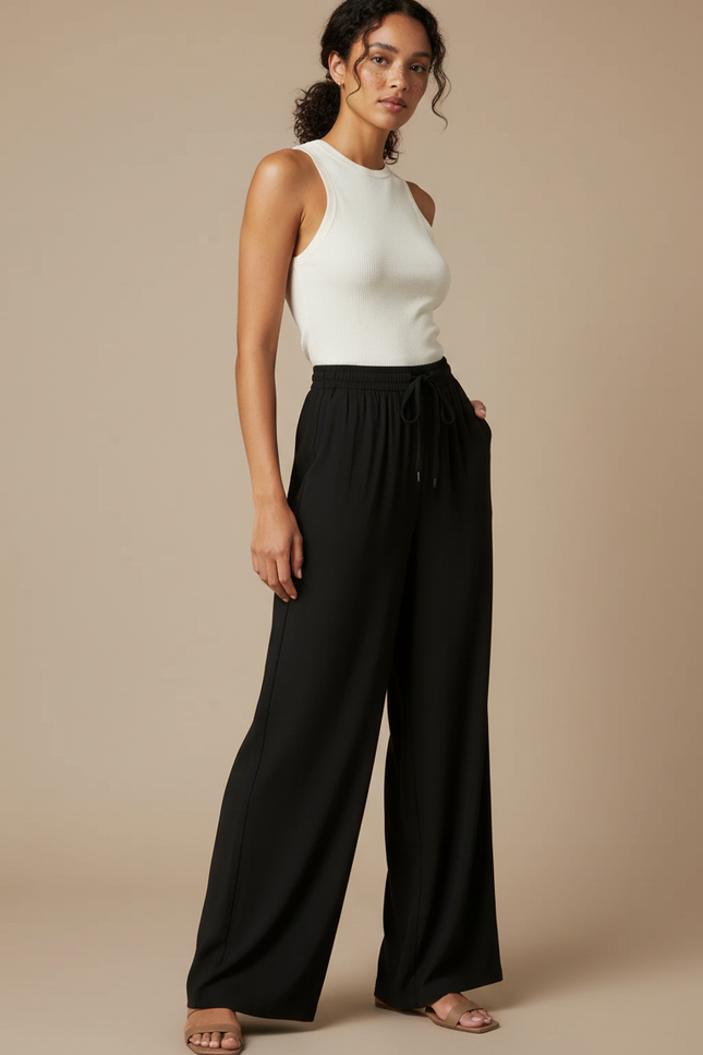 Pantalon Fluide Noir Ample Droit Taille Élastique Décontracté - Viscose