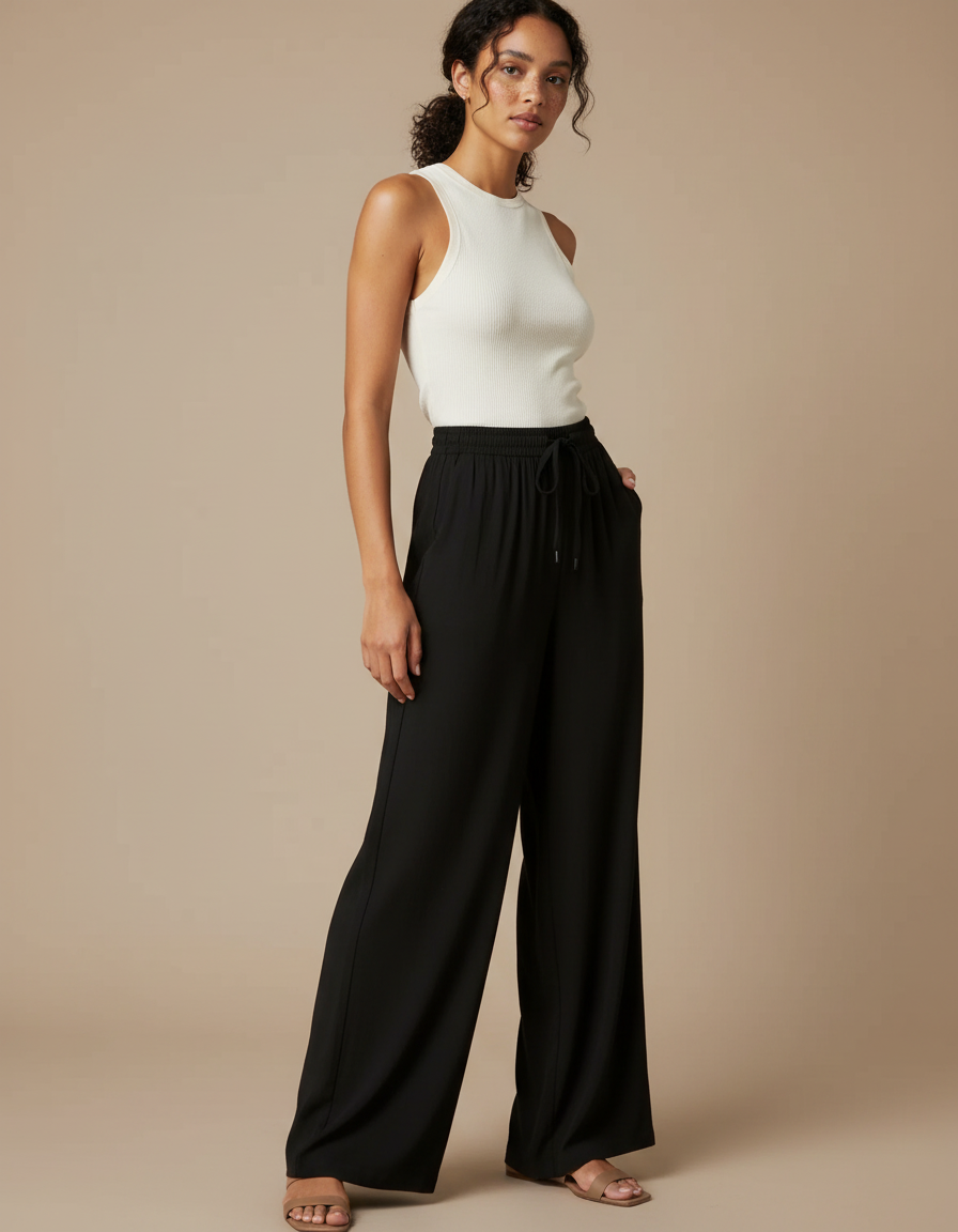 Pantalon Fluide Noir Ample Droit Taille Élastique Décontracté - Viscose