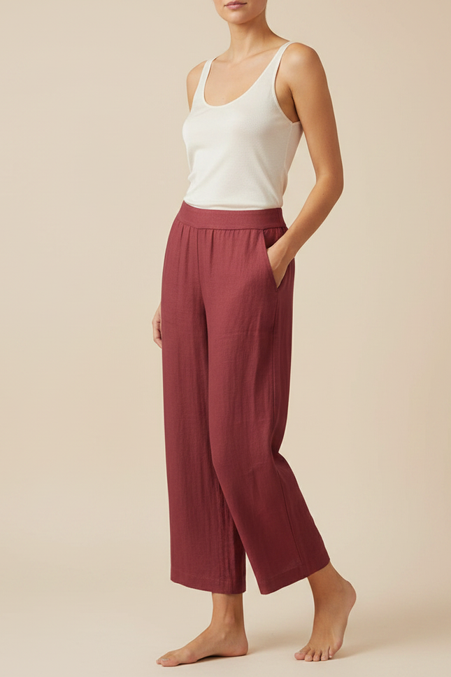 Pantalon Fluide Brique Ample Coton Lin Élégant Décontracté - Bordeaux
