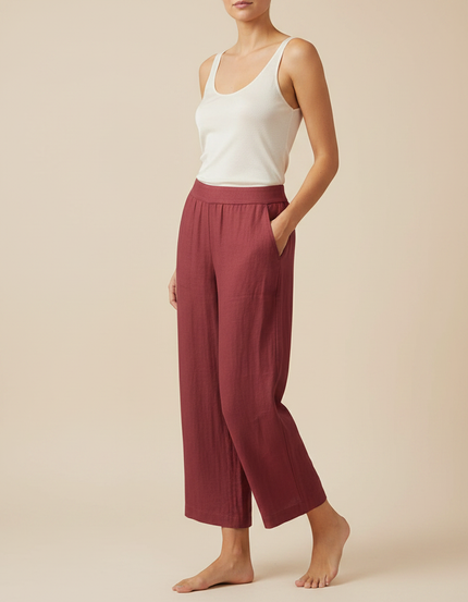 Pantalon Fluide Brique Ample Coton Lin Élégant Décontracté - Bordeaux