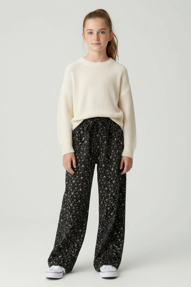 Pantalon Fluide Noir Floral Ample Décontracté Fille - Viscose