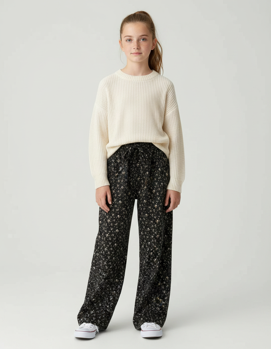 Pantalon Fluide Noir Floral Ample Décontracté Fille - Viscose