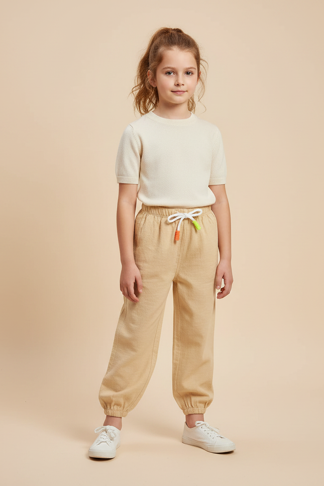Pantalon Fluide Beige Coton Jambes Resserrées Décontracté Enfant - Lin
