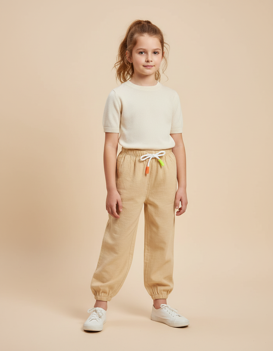 Pantalon Fluide Beige Coton Jambes Resserrées Décontracté Enfant - Lin