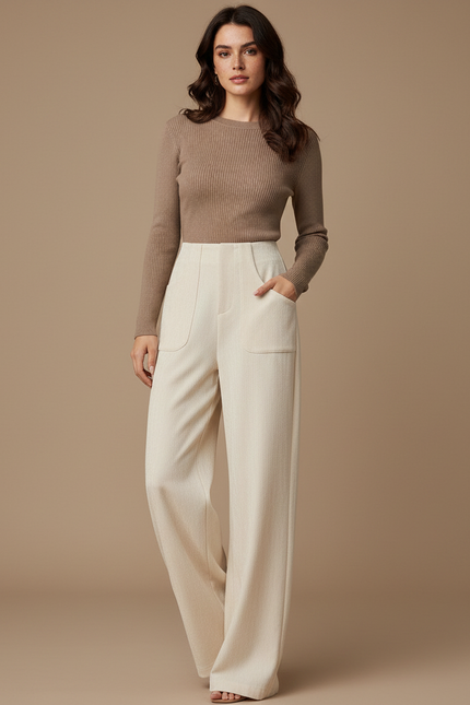 Pantalon Fluide Écru Ample Taille Haute Droit Élégant - Beige Viscose