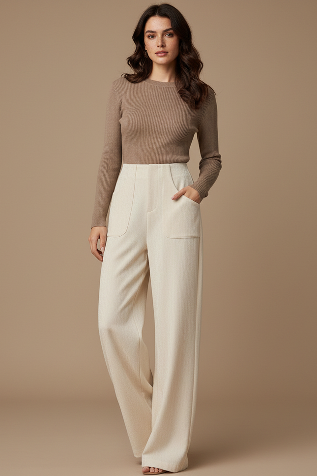 Pantalon Fluide Écru Ample Taille Haute Droit Élégant - Beige Viscose