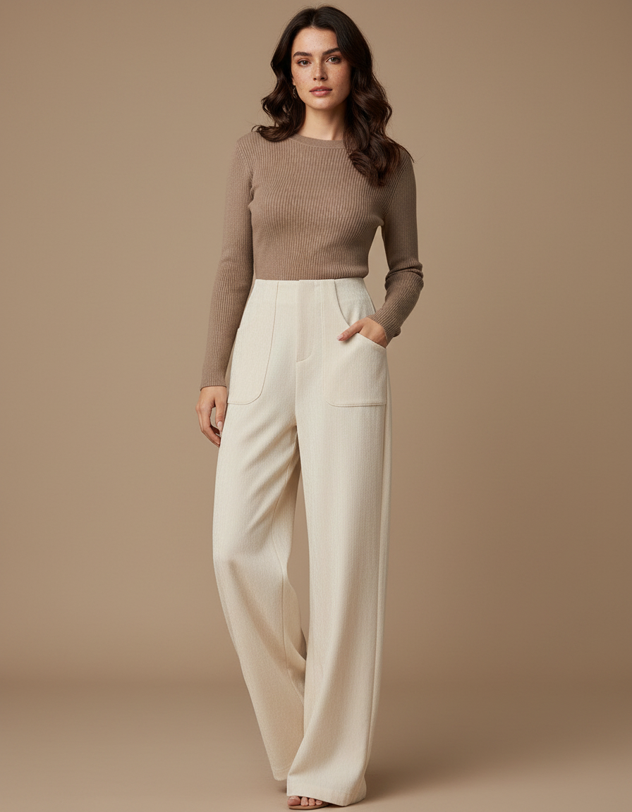 Pantalon Fluide Écru Ample Taille Haute Droit Élégant - Beige Viscose