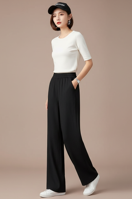 Pantalon Fluide Femme Noir Palazzo Viscose Chic Été 3