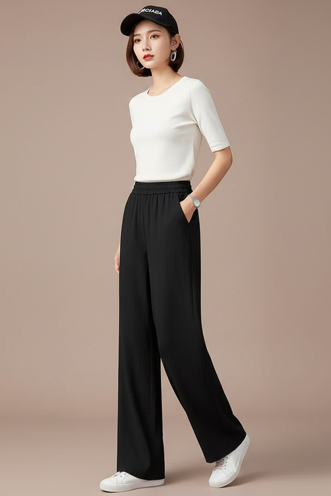 Pantalon Fluide Femme Noir Palazzo Viscose Chic Été 3