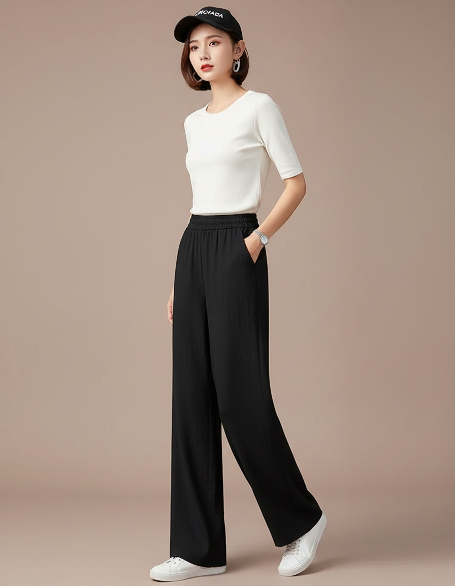 Pantalon Fluide Femme Noir Palazzo Viscose Chic Été 3