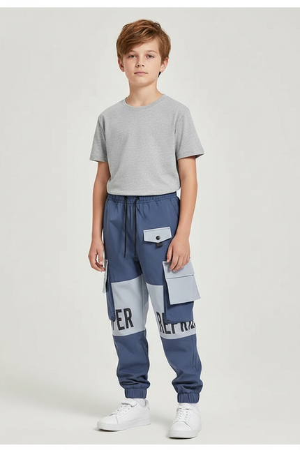 Pantalon Fluide Cargo Bicolore Bleu Gris Imprimé Garçon - Polyester