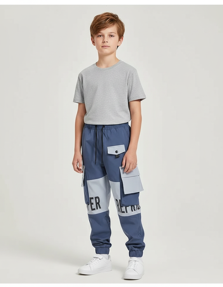 Pantalon Fluide Cargo Bicolore Bleu Gris Imprimé Garçon - Polyester