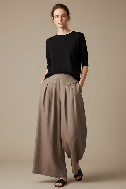 Pantalon Fluide Marron Ample Lin Plissé Élégant